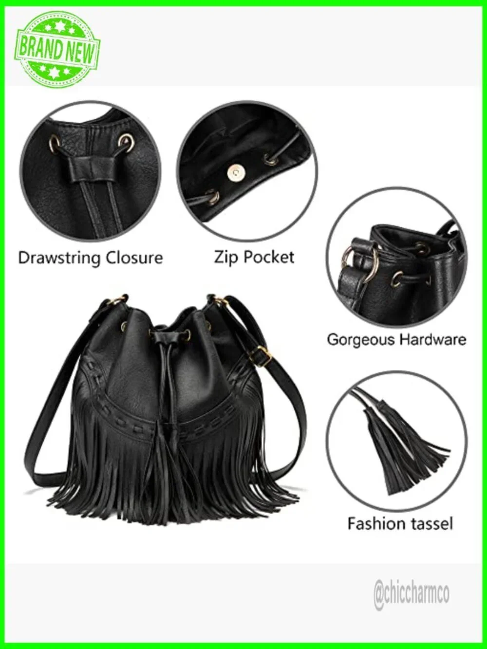 Large Vegan Leather Bucket Bag Crossbody Shoulder Hobo with Tassel Drawstring